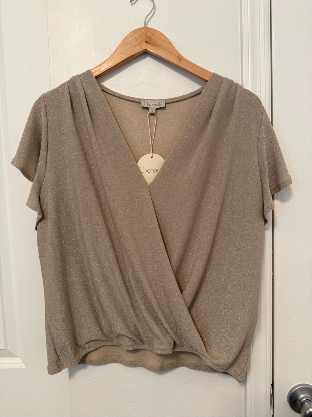 Chenault Metallic Taupe Surplice Short-Sleeve Blouse